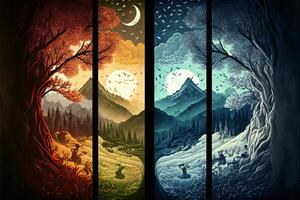 series of four panels depicting the four seasons. . photo