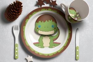 there is a plate with cartoon dinosaur on it and fork knife. . photo