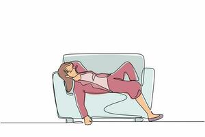 Continuous one line drawing unhappy businessman sad tired sleepy mood resting on sofa. Frustrated worker holding her head lying on couch. Stressed, anxiety, failure. Single line graphic design vector