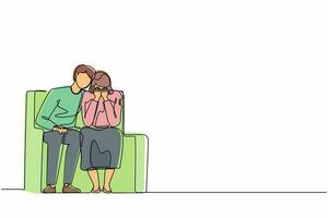 Continuous one line drawing young caring man sitting on sofa, hugging shoulder of depressed woman and trying to help or support her. Support, mental depression. Single line draw design vector graphic