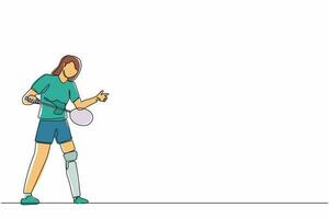 Single continuous line drawing female athlete playing badminton.  woman with prosthetic leg holding racket. Person with disability performing sports activity. One line graphic design vector