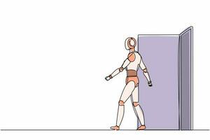 Single continuous line drawing robots walking out and leaving office door. Robotics artificial intelligence technology. Electronic technology industry. One line draw graphic design vector illustration