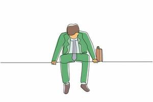 Continuous one line drawing sad businessman sits at bench alone. Man suffering from depression, experiences dismissal, gets into difficult life situation, despair. Single line design vector graphic