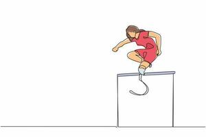Single one line drawing amputated young female athlete jumping, running over hurdle. Disability games with hurdle race. Disabled sport concept. Continuous line draw design graphic vector illustration