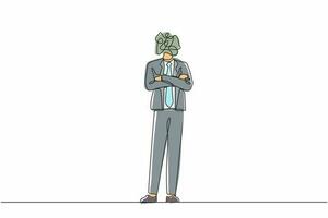 Continuous one line drawing businessman with round scribbles instead of head. Male manager in blazer keeping arms crossed. Male standing with folded arms pose. Single line graphic design vector