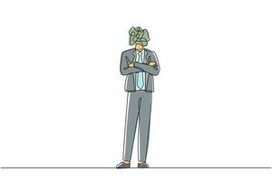 Continuous one line drawing businessman with round scribbles instead of head. Male manager in blazer keeping arms crossed. Male standing with folded arms pose. Single line graphic design vector