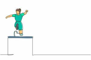 Single continuous line drawing front view amputated female athlete jumping, running over hurdle. Disability game with hurdle race. Disabled sport concept. One line graphic design vector illustration