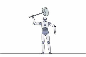 robot de dibujo de una sola línea de pie y levantando un gran martillo. desarrollo tecnológico futuro. proceso de aprendizaje automático de inteligencia artificial. ilustración de vector gráfico de diseño de línea continua