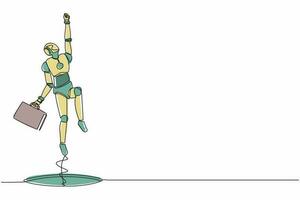 Continuous one line drawing robot flying with briefcase coming out of holes. Humanoid robot cybernetic organism. Future robotics development concept. Single line design vector graphic illustration