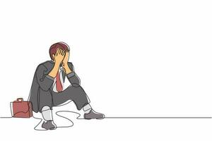 Single continuous line drawing sad businessman cover his face by hands and sitting on the floor. Depression disorder, sad, sorrow, disappointment symptom. One line graphic design vector illustration