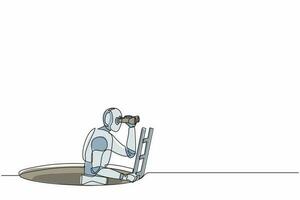 el robot de dibujo de una sola línea continua sale del agujero por escalera y usa binocular. robótica tecnología de inteligencia artificial. tecnología electrónica. ilustración de vector de diseño de dibujo de una línea