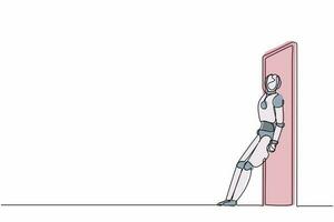 Continuous one line drawing robots standing and pushing door with her back. Humanoid robot cybernetic organism. Future robotics development concept. Single line draw design vector graphic illustration