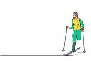 Continuous one line drawing female athlete skier without legs skiing in snow.  sportswoman with skis and poles in glasses in winter. Sport, tournament. Single line draw design vector graphic