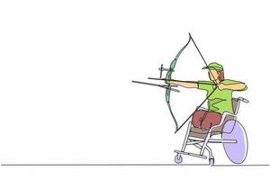 Single continuous line drawing disabled archer female athlete aiming with sports bow. Archery sport equipment for athletes. Disability archer woman aiming an arrow. One line draw graphic design vector