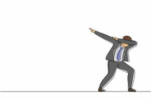 Single continuous line drawing happy businessman standing with crossing arms and look down. Salesman celebrates salary increase from company. Dynamic one line draw graphic design vector illustration