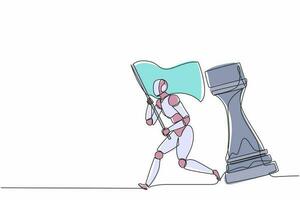 robots de dibujo continuos de una línea corriendo y sosteniendo la bandera al lado de una gran pieza de ajedrez. organismo cibernético robot humanoide. futuro concepto de desarrollo de robótica. gráfico vectorial de diseño de dibujo de una sola línea vector