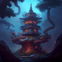painting of a pagoda in the middle of a forest. . photo