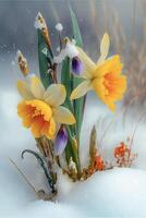 couple of yellow and purple flowers in the snow. . photo