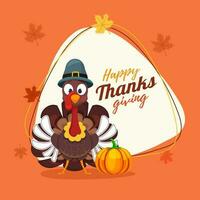 Happy Thanksgiving celebration greeting card design with turkey bird and pumpkin on orange background. vector