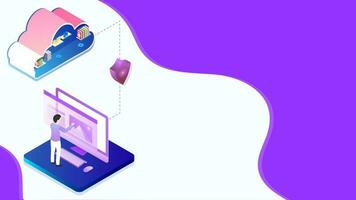 Cloud storage concept based design, 3d illustration of security shield between analysts analysis data on desktop and cloud server. vector