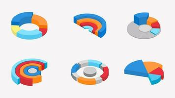 3D isometric illustration of colorful pie chart collection on white background. vector