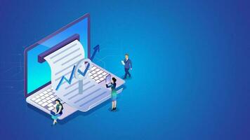 Online report from laptop with magnifying glass and working people analysis on blue background for Company growth or success concept based isometric design. vector