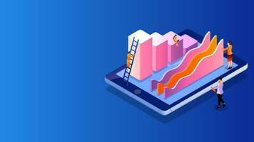 isométrica ilustración de miniatura personas mantener crecimiento infografía o análisis datos en teléfono inteligente pantalla para empresa crecimiento y éxito. vector