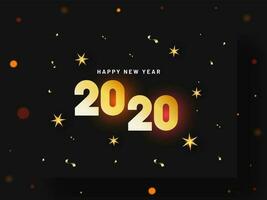 2020 text with golden stars and confetti decorated on black bokeh background for Happy New Year celebration greeting card design. vector