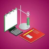 Isometric illustration of notebook with lab clamp stand, calculator and pencil on pink background. vector