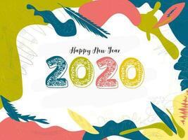 plano estilo saludo tarjeta diseño con 2020 texto hecho por floral modelo en resumen vistoso hojas antecedentes para contento nuevo año celebracion. vector