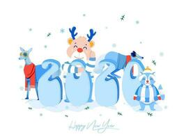 Stylish Blue 2020 Text with Reindeer, Deer, Raccoon Dog and Fox Character on White Background for Happy New Year Celebration. vector