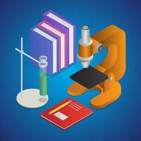 3D illustration of lab stand clamp with books, microscope and notebook on blue background. vector