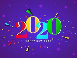 Colorful text 2020 with abstract geometric elements on purple bokeh background for Happy New Year celebration. vector