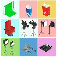 Set of colorful cinema or movie objects in 3d style. vector