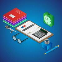 3D illustration of study elements like as open notebook with calculator, ink bottle, textbooks and alarm clock on blue background. vector