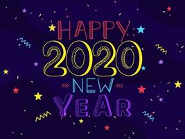 Colorful Happy New Year 2020 Text in Line Art and Confetti on Purple Background. vector