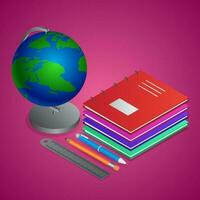 3D illustration of world globe stand with notebooks, ruler scale and pencil on pink background. vector