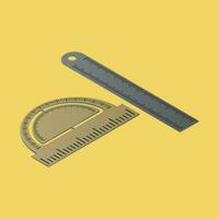 3D protractor with ruler scale on yellow background. vector