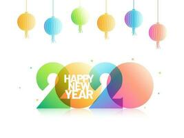Happy New Year 2020 text on white background decorated with hanging colorful lanterns. vector