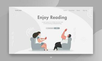 Young girl and boy reading a book sit on sofa for Enjoy Reading concept based web banner design. vector