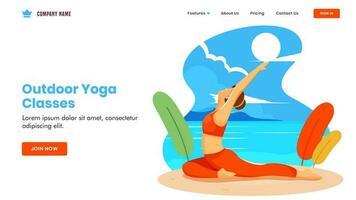 Outdoor Yoga Classes concept based landing page design with young girl doing yoga in aswaasanchal asana pose on beach view background. vector