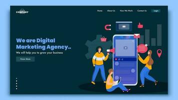 digital márketing agencia aterrizaje página diseño con en línea publicidad o márketing desde personas en teléfono inteligente y ordenador portátil. vector