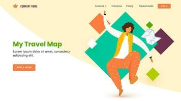 Web banner or landing page design with faceless man character in jumping pose, travel map and abstract element on background. vector