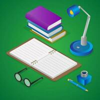 Realistic view of Open Book with Table Lamp, Eyeglasses, Ink Bottle and Pen on green background. vector