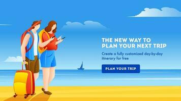 Landing page design with illustration of female and male tourist planning to next trip on beach view background. vector