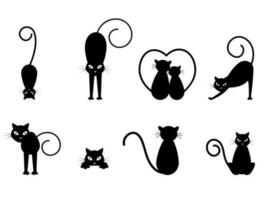 Silhouette of cat cartoon characters in different activity on white background. vector