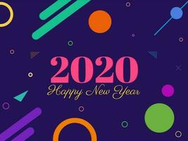 2020 Happy New Year text on purple background decorated with abstract elements. Can be used as greeting card design. vector