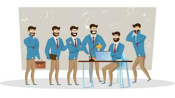 Businessman character set in different expression on workplace and business elements background. vector