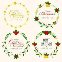 conjunto de circular marcos hecho por estrellas con floral patrones para alegre Navidad y contento nuevo año celebracion concepto. vector