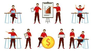 Illustration of a young Businessman presenting his ideas and thoughts by statistical graphs on the board. vector